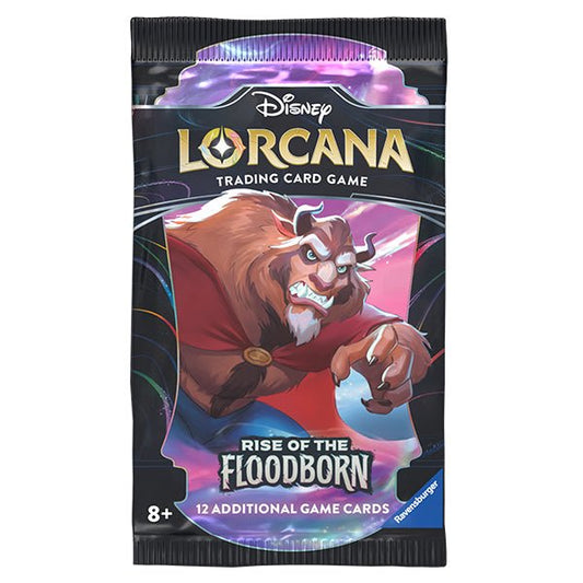 A sealed pack of Disney Lorcana: Rise of the Floodborn trading card game.