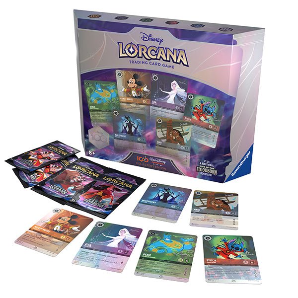 Boxed Disney Lorcana trading card game and various booster packs, with loose cards displayed.