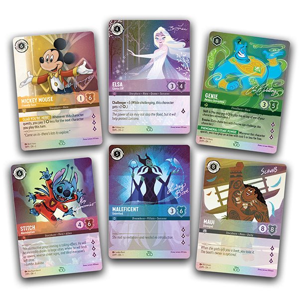 Here are six Disney Lorcana trading cards displayed on a white surface. The cards feature Mickey Mouse, Elsa, Genie, Stitch, Maleficent, and Maui. Each character is depicted in a unique pose and the cards are signed by an artist.