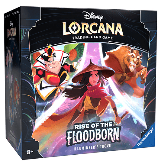 Disney Lorcana Rise of the Floodborn trading card game box. Features Raya, Queen of Hearts, and Beast characters.