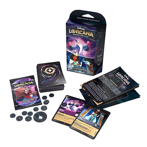 "Disney Lorcana Rise of the Floodborn" trading card game starter deck with cards, coins, and packaging.