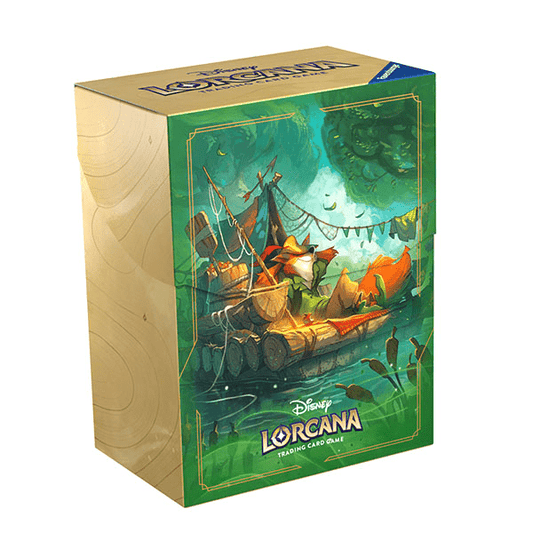 Boxed Disney Lorcana trading card game. Front shows Robin Hood character on a raft with other animals.  Top and side of the box are brown with wood grain detail. 
