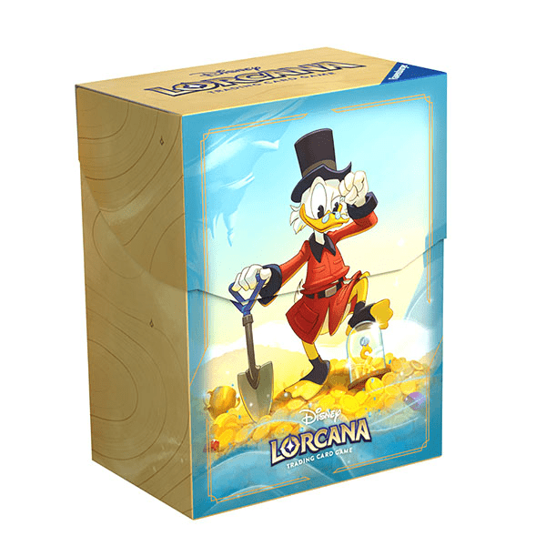 A cardboard box for the Disney Lorcana trading card game. The box features Scrooge McDuck standing on a pile of gold coins. He wears a red coat, top hat, and glasses. He holds a shovel in his left hand.
