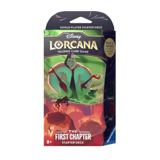 A Disney Lorcana trading card game starter deck featuring a drawing of Kuzco and Yzma.