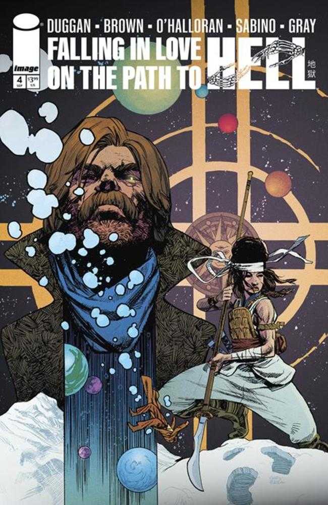 Comic book cover: "Falling in Love on the Path to Hell." Features a bearded man in a bandana and coat, a woman holding a staff, and planets against a cosmic backdrop.
