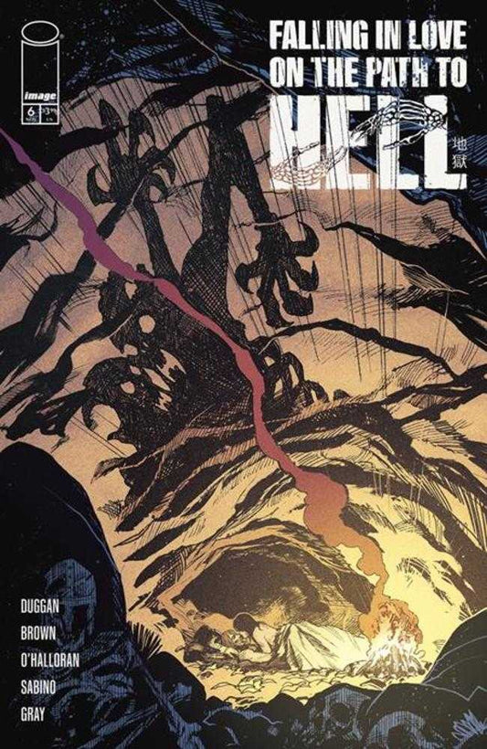 Comic book cover featuring shadowy figures looming over a couple sleeping by a fire, titled "Falling in Love on the Path to Hell".

