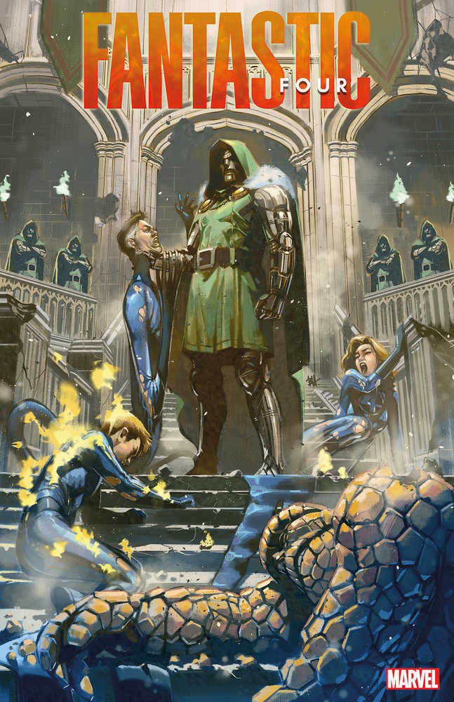 Comic book cover depicting the Fantastic Four in disarray. The Human Torch is on fire, Invisible Woman is crashing, and Thing is incapacitated on stairs. Doctor Doom stands triumphantly over a stretched Mr. Fantastic in a gothic hall.