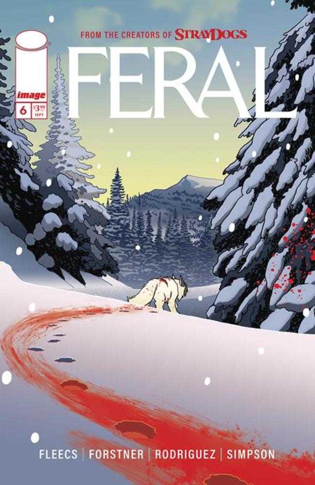 Comic book cover featuring a white dog walking in the snow with a trail of blood following it, along with pine trees and a mountain range.