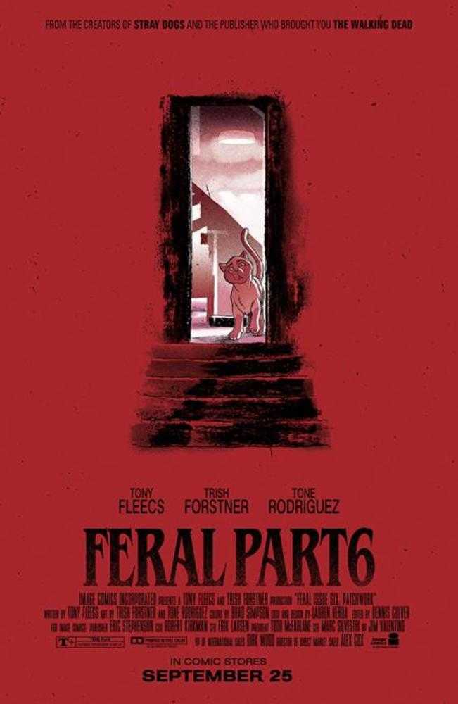 Comic book cover for "Feral Part 6" in red with a cat standing in a doorway.