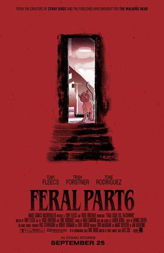 Comic book cover for "Feral Part 6" in red with a cat standing in a doorway.