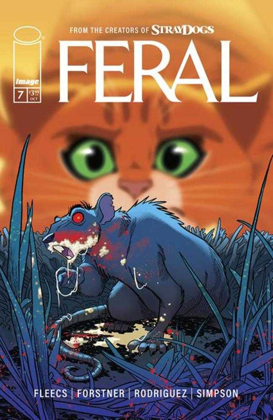 Comic book cover: "Feral" issue 7. Features a menacing blue rat with red eyes and bloody mouth, crouching in grass. An orange cat face with green eyes looms in the background.