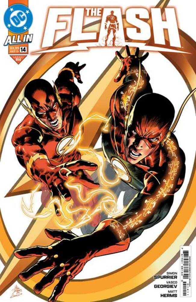 Comic book cover featuring two versions of The Flash, red and gold suit with lightning emblems, energy effects.