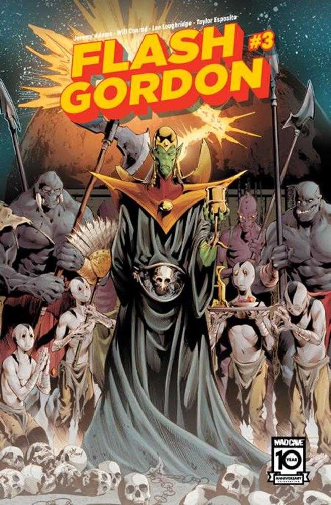 Comic book cover art featuring Ming the Merciless surrounded by guards and slaves.