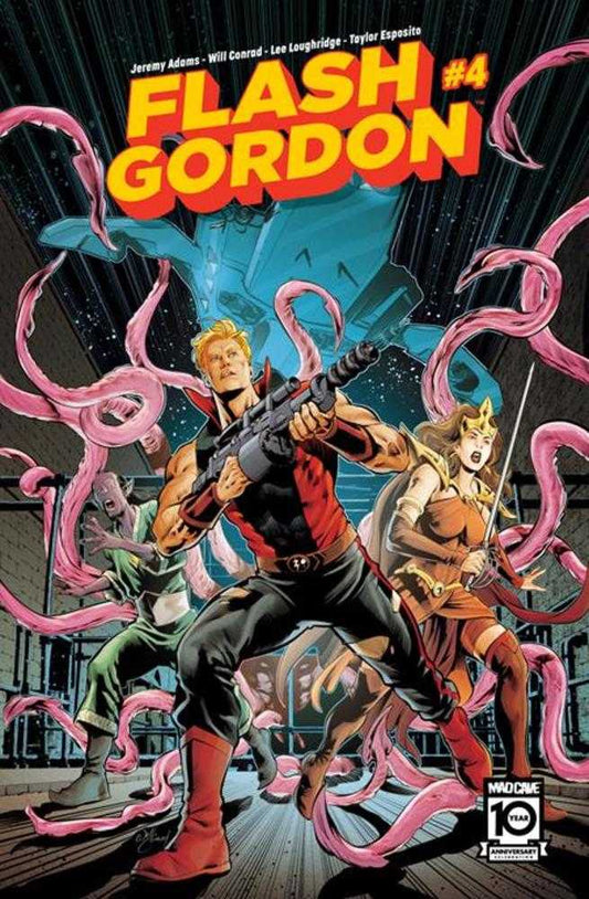 Comic book cover featuring Flash Gordon, Dale Arden, and an alien figure against a backdrop of spaceships and pink tentacles. Flash holds a weapon, while Dale wields a sword.