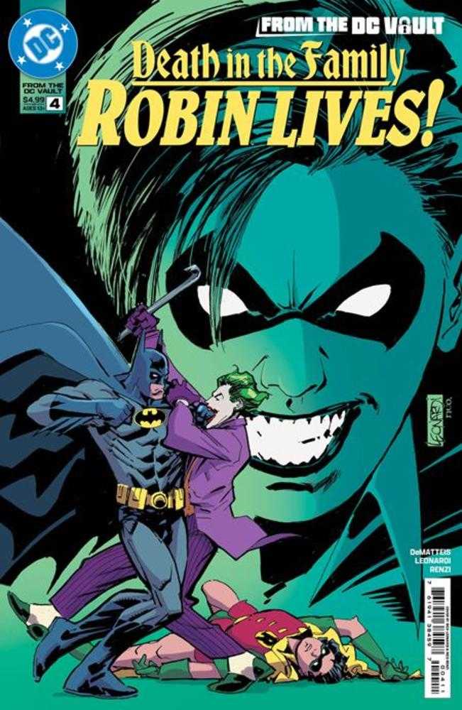 Comic book cover featuring Batman holding a crowbar against the Joker with Robin lying on the ground, and a menacing green face looming in the background.
