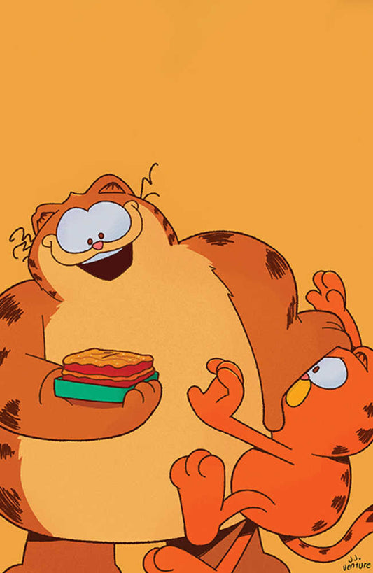 Cartoon image of Garfield holding lasagna with Odie.