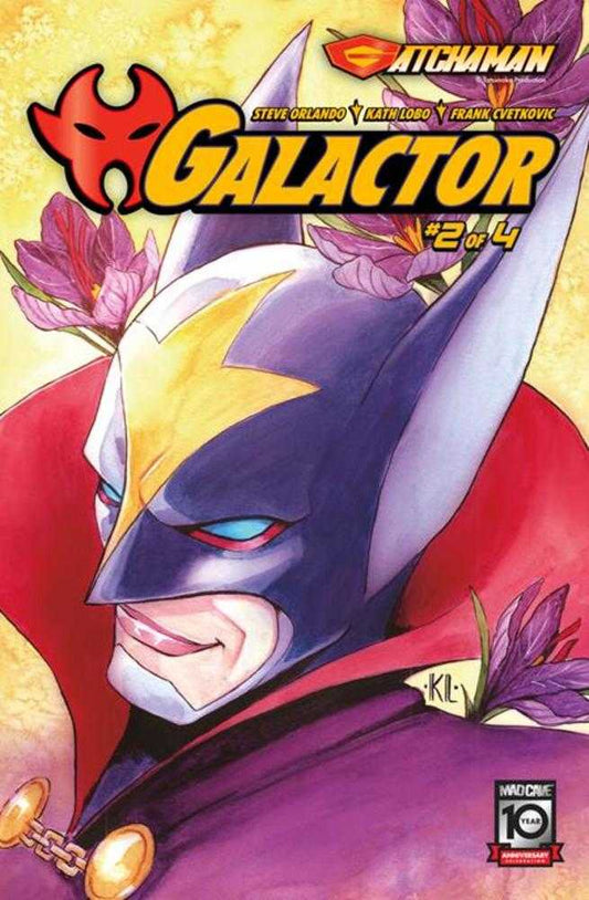 Comic book cover featuring Galactor wearing a dark blue and purple costume with a red cape, adorned with purple flowers.