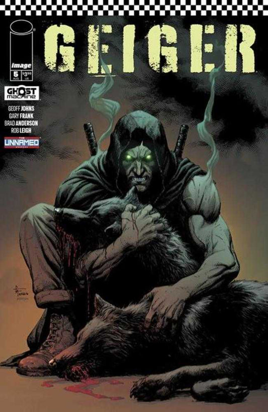 Comic book cover depicting a hooded figure with glowing green eyes embracing a wolf. Swords on the figure's back. Checkerboard pattern at the top. Title "Geiger" in yellow letters. 
