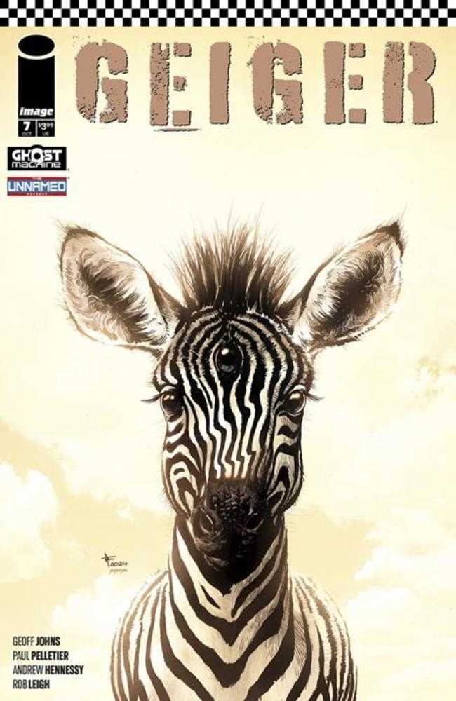 Comic book cover with a close-up image of a zebra with three eyes against a pale yellow background.