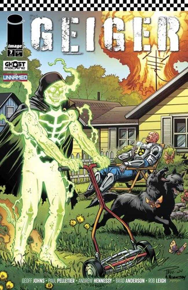 Comic book cover for "Geiger" featuring a green glowing skeleton pushing a lawnmower, a man in a futuristic chair, and a two-headed black dog.