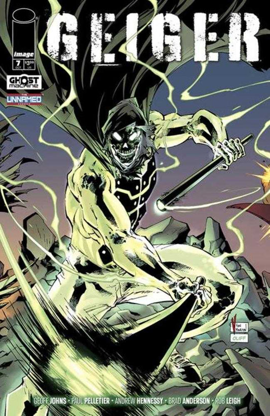 Comic book cover with Geiger in a black hooded cloak, glowing yellow skin, a skeletal face, and a dark patterned body suit. He's in a crouched position, holding a glowing rod in one hand, surrounded by rocks and lightning. The title "GEIGER" is displayed in large white letters at the top.