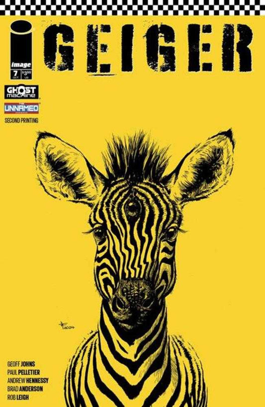 Comic book cover featuring a yellow background and a black-and-white illustration of a zebra with three eyes.