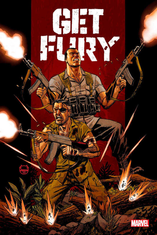Comic book cover art with two armed men, red and black background, jungle setting.