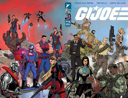 Comic book cover art features the GI Joe team and their enemies, rendered in bold, dynamic colors.