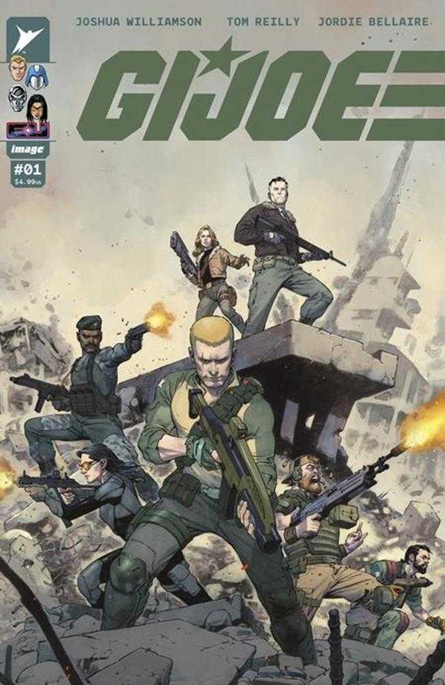 Comic book cover with characters holding guns, on a gray rubble background.