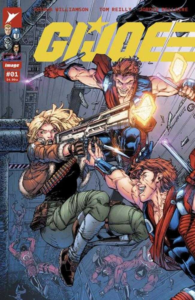 Comic book cover: G.I. Joe, characters action pose, gunfire, close-up.