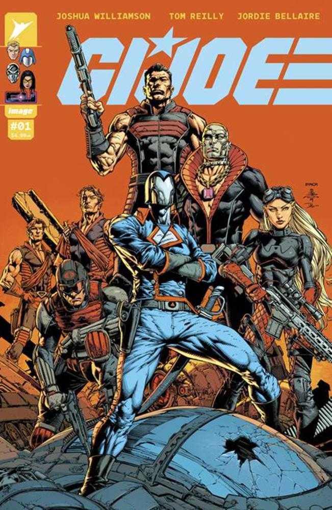 Comic book cover featuring the GI Joe team on an orange background. 
