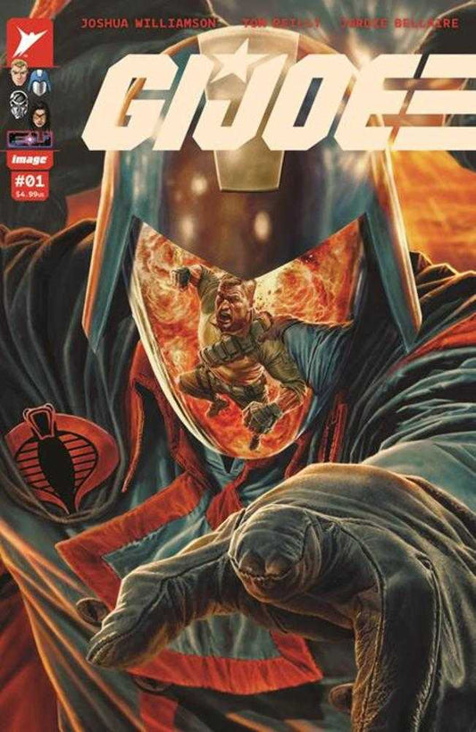 Comic book cover with a Cobra Commander figure wearing a helmet, a Cobra symbol on his chest, and a reflection of another figure within the helmet's visor.