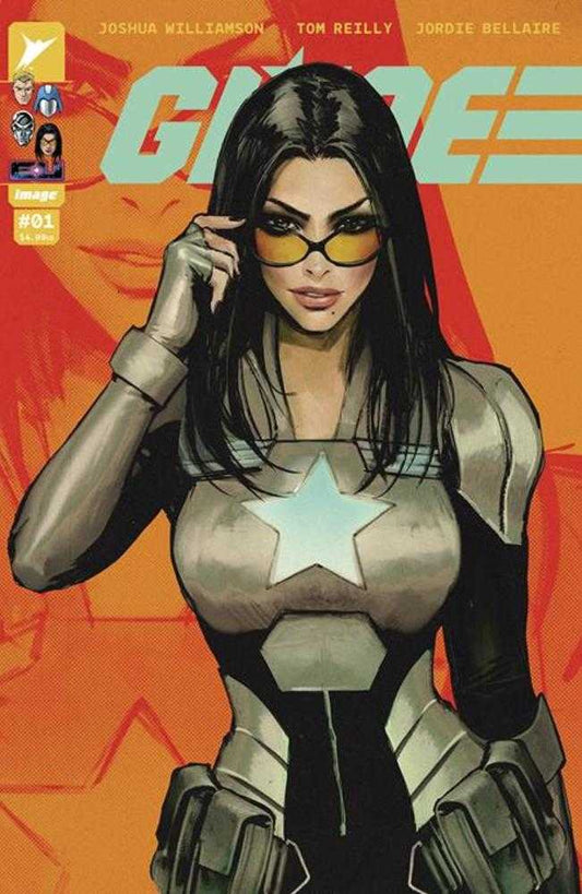 Comic book cover featuring a woman in futuristic armor with a star on the chest, adjusting her glasses.
