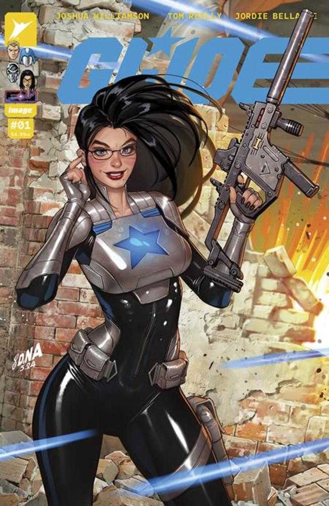 Comic book cover featuring a woman with glasses, a blue star on her chest, holding a large gun against a brick wall backdrop.