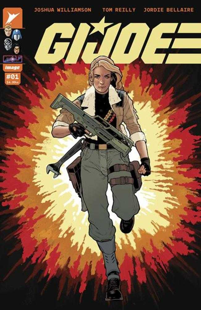 Comic book cover featuring a woman with blonde hair holding a large gun. She is wearing a brown jacket with a white collar, grey pants, and black gloves. She also has a wrench and pouch on her side. The background is a burst of orange and red. The title "G.I. JOE" is in large yellow letters at the top of the cover.
