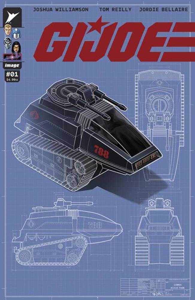 Comic book cover featuring a blue blueprint background with a G.I. Joe tank design.