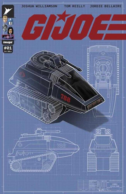 Comic book cover featuring a blue blueprint background with a G.I. Joe tank design.