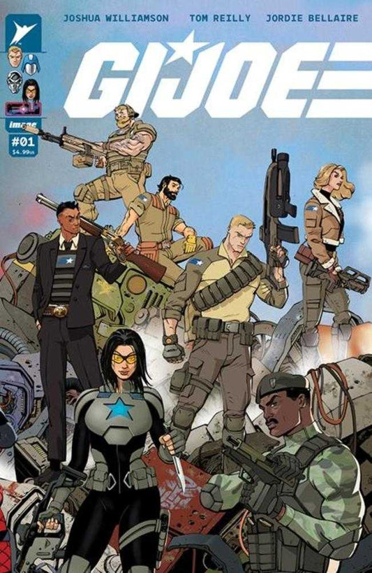 Comic book cover of G.I. Joe issue #1, featuring various characters with weapons, standing on wreckage.