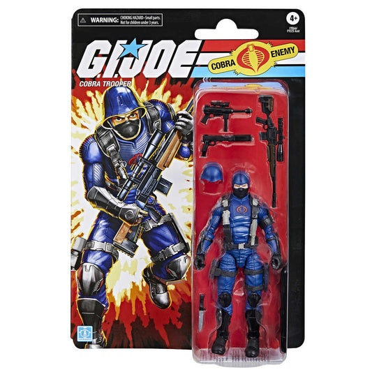 A boxed G.I. Joe Cobra Trooper action figure.