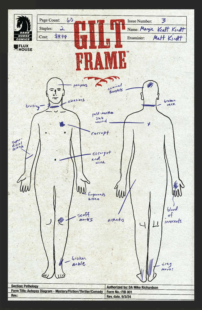 Comic book cover featuring autopsy diagram, with notes and sketches of injuries.