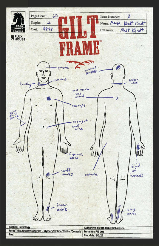 Comic book cover featuring autopsy diagram, with notes and sketches of injuries.