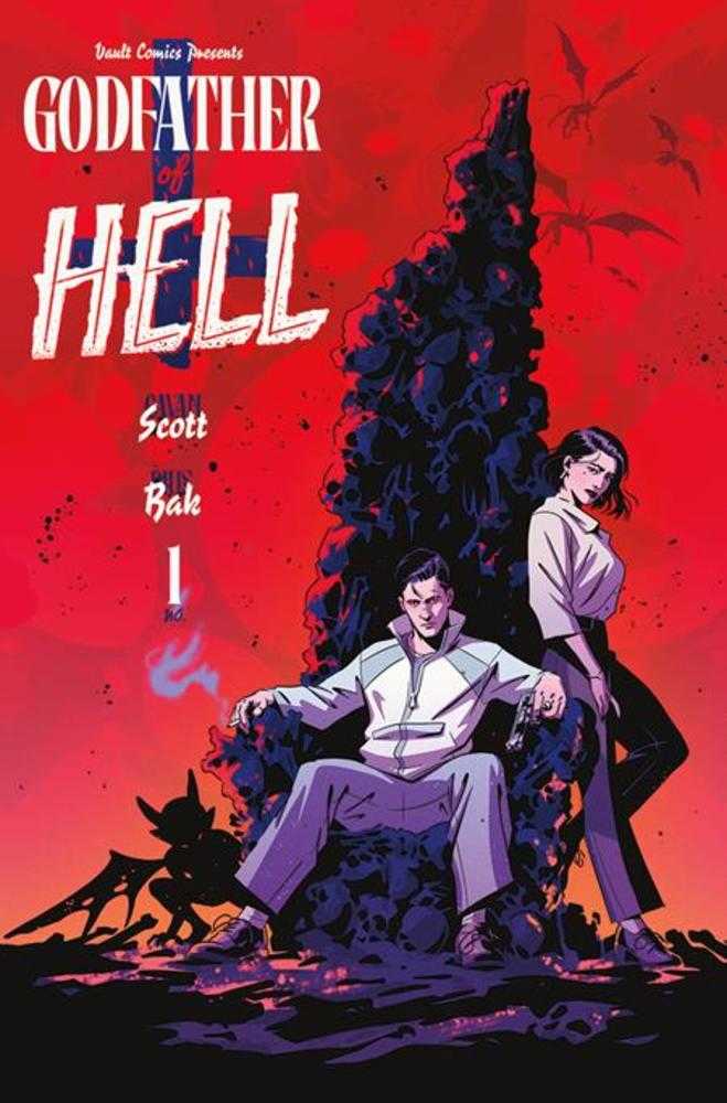 Comic book cover featuring a man on a skull throne next to a woman, with a small demon figure nearby, all set against a red background.