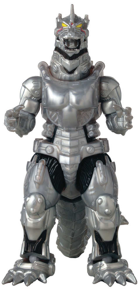 Silver Mechagodzilla action figure with yellow eyes, standing upright.
