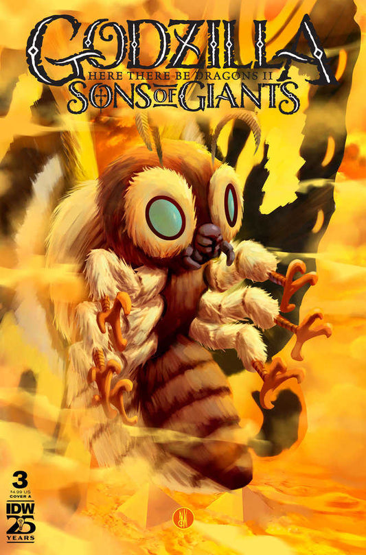 Comic book cover featuring a large, furry insect-like creature with big, round eyes against a yellow and orange backdrop, with the title "Godzilla: Here There Be Dragons II, Sons of Giants."