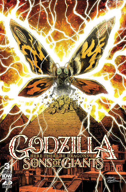 Comic book cover featuring Mothra atop a crumbling pyramid with lightning in the background.