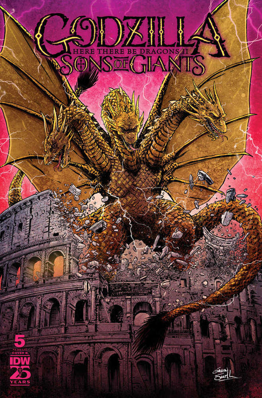 A comic book cover shows a three-headed, gold, dragon-like monster attacking the Colosseum.
