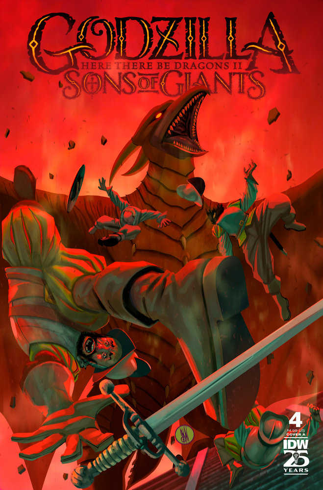 Comic book cover featuring a red dragon, several small people in period clothing, and a sword against a red background.