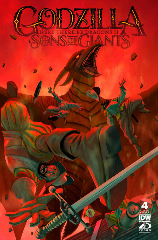 Comic book cover featuring a red dragon, several small people in period clothing, and a sword against a red background.