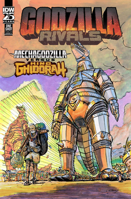 Comic book cover of "Godzilla Rivals: Mechagodzilla Versus King Ghidorah" features a silver-colored Mechagodzilla robot towering over a city with a human character carrying bags and supplies, with King Ghidorah partially visible in the background.