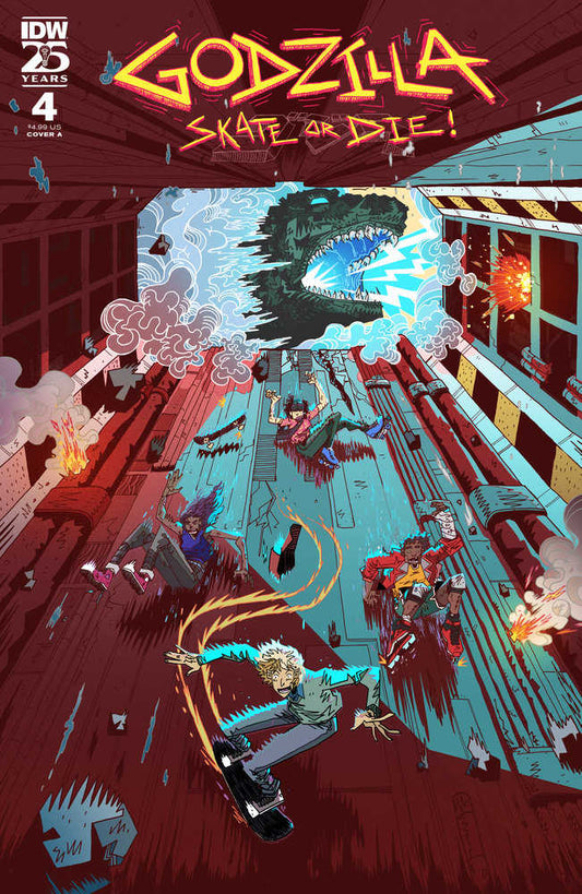 Comic book cover with the title "Godzilla: Skate or Die!" A group of skateboarders are skating away from a giant Godzilla head.